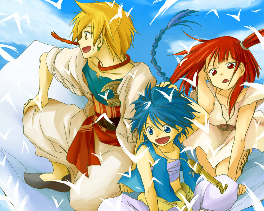 2boys, aladdin_(magi), ali_baba_saluja, blonde_hair, blue_eyes, blue_hair, earrings, flying