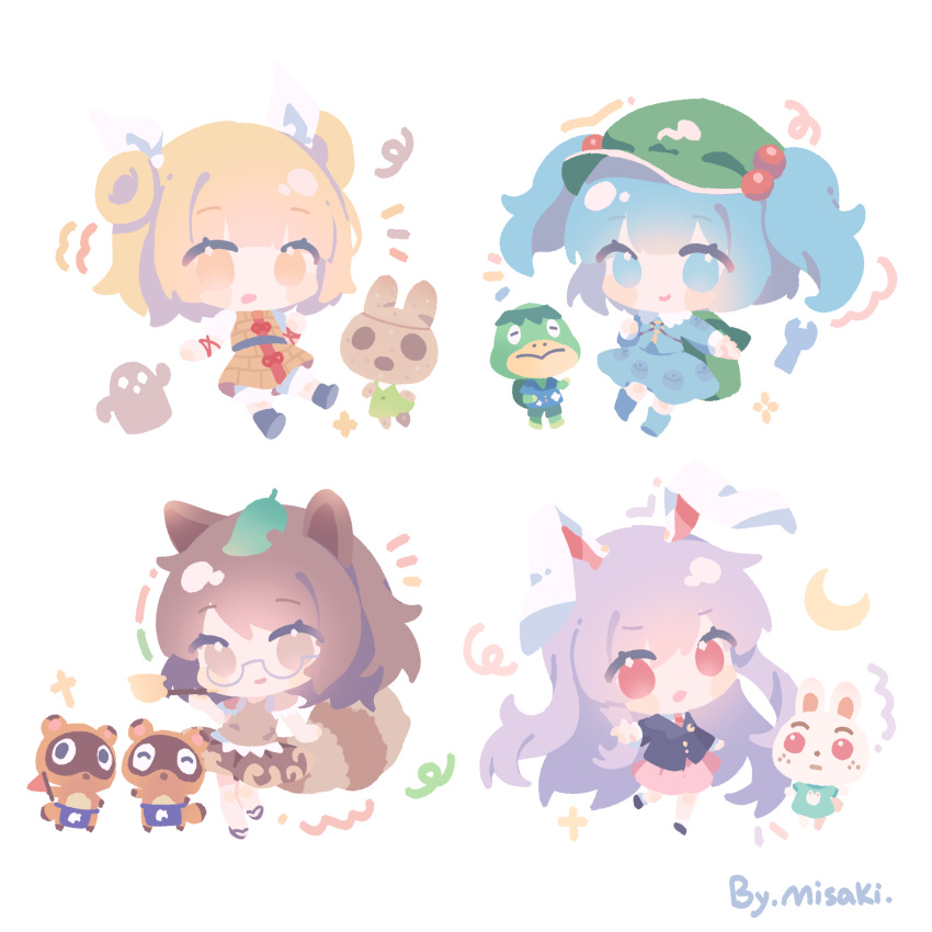 4girls, absurdres, animal_crossing, animal_ears, aqua_eyes, aqua_hair, aqua_skirt, black_shoes