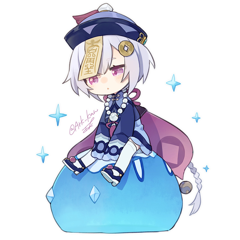 1girl, ark_kan, bead_necklace, beads, blush, chibi, coin_hair_ornament, commentary