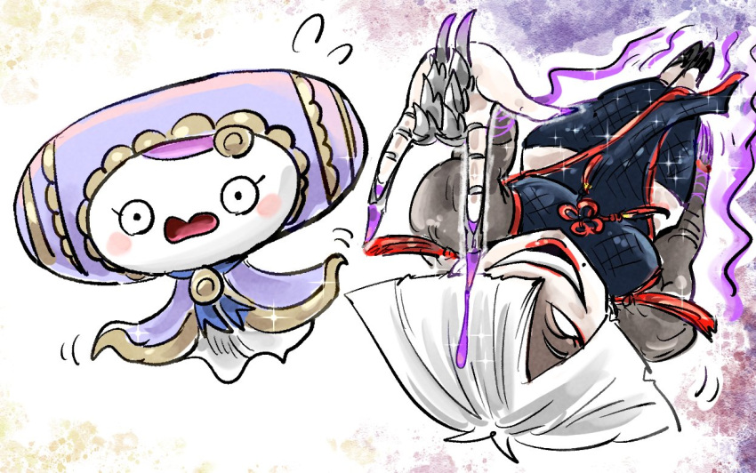 1girl, 2girls, a.k.i._(street_fighter), aura, blank_eyes, blush_stickers, breasts, chinese_clothes