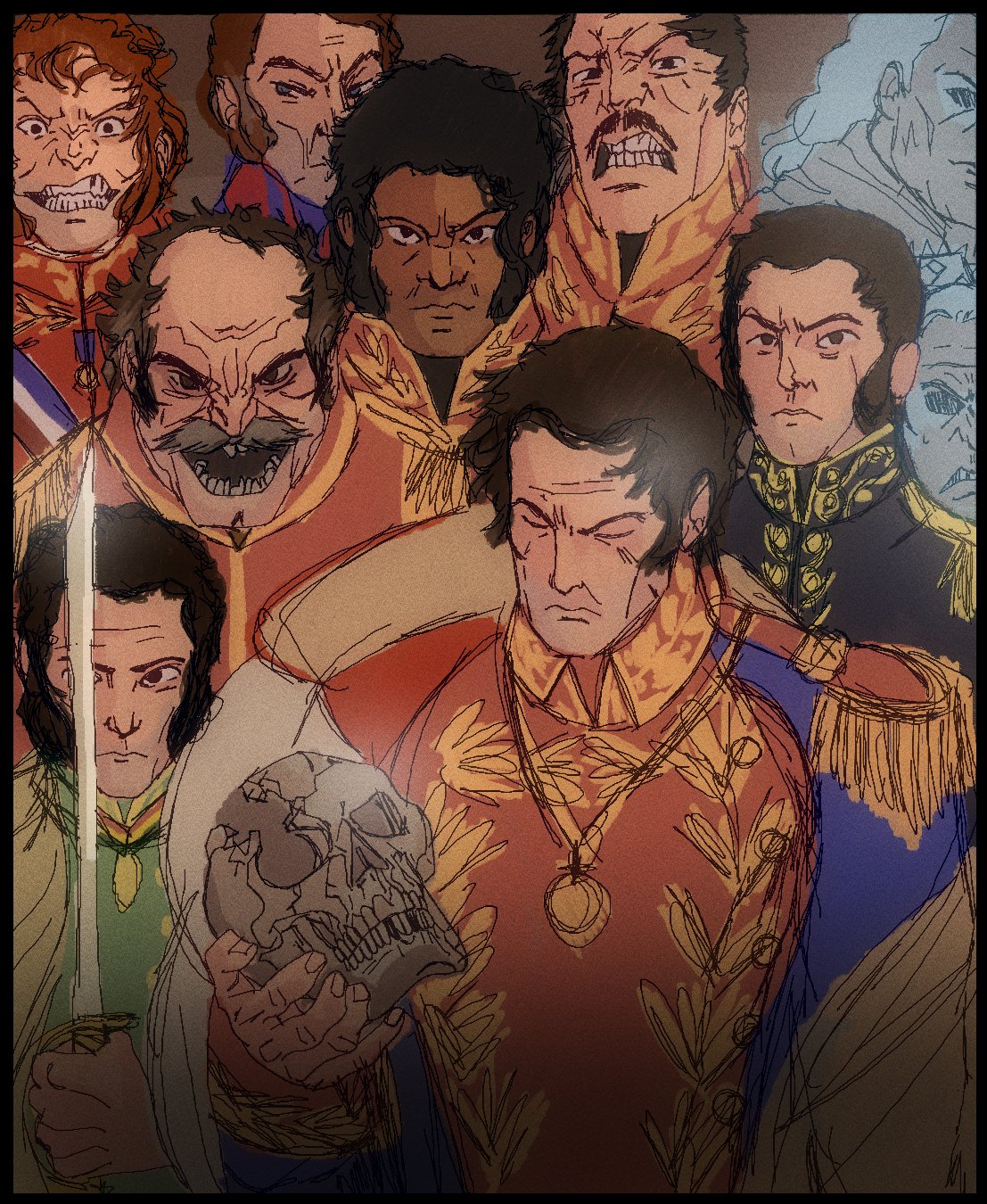 6+boys, antonio_jose_de_sucre, beard, bernardo_o'higgins, black_border, black_eyes, black_hair, border, brown_eyes, brown_hair, cape, clenched_teeth, closed_eyes, closed_mouth, dark-skinned_male, dark_skin, epaulettes, facial_hair, francisco_de_mirada, francisco_de_paula_santander, frown, furrowed_brow, hair_slicked_back, highres, holding, holding_skull, holding_sword, holding_weapon, invincible_(series), jewelry, jose_antonio_paez, jose_de_san_martin, jose_gervasio_artigas, looking_at_viewer, male_focus, medal, medallion, meme, military, military_uniform, multiple_boys, mustache, necklace, old, open_mouth, pendant, saber_(weapon), sanpaku, scar, scar_on_face, short_hair, simon_bolivar, skull, skull_necklace, smile, sword, teeth, thick_eyebrows, tupac_amaru_ii, upper_body, v-shaped_eyebrows, vicente_guerrero, viltrumite_group_shot_(meme), weapon, wrinkled_skin, zeon