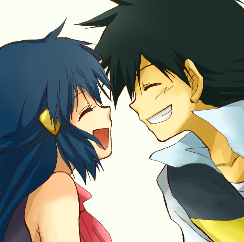 1boy, 1girl, black_hair, blue_hair, child, closed_eyes, grin, hair_ornament