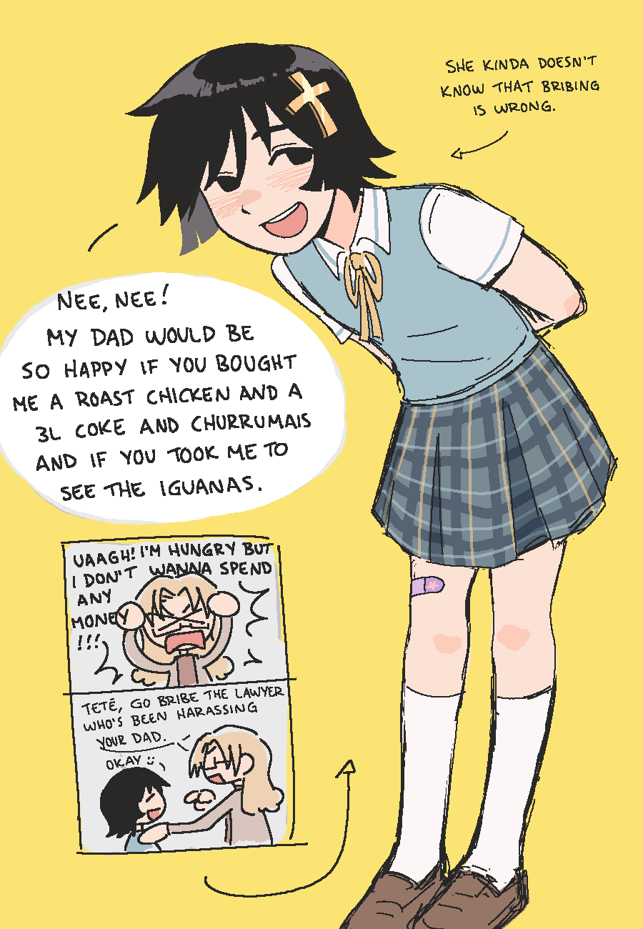 2girls, bandaid, bandaid_on_leg, black_eyes, black_hair, blue_skirt, blue_sweater_vest, borrego_tan, comic_inset, commentary, cross_hair_ornament, dress_shirt, english_commentary, english_text, hair_ornament, highres, kneehighs, leaning_forward, loafers, multiple_girls, no_sclera, open_mouth, original, plaid_clothes, plaid_skirt, ribbon, shirt, shoes, short_hair, skirt, socks, sweater_vest, white_socks, yellow_background, yellow_ribbon