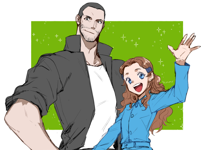 1boy, 1girl, beard, black_eyes, black_hair, blue_eyes, brown_hair, buzz_cut