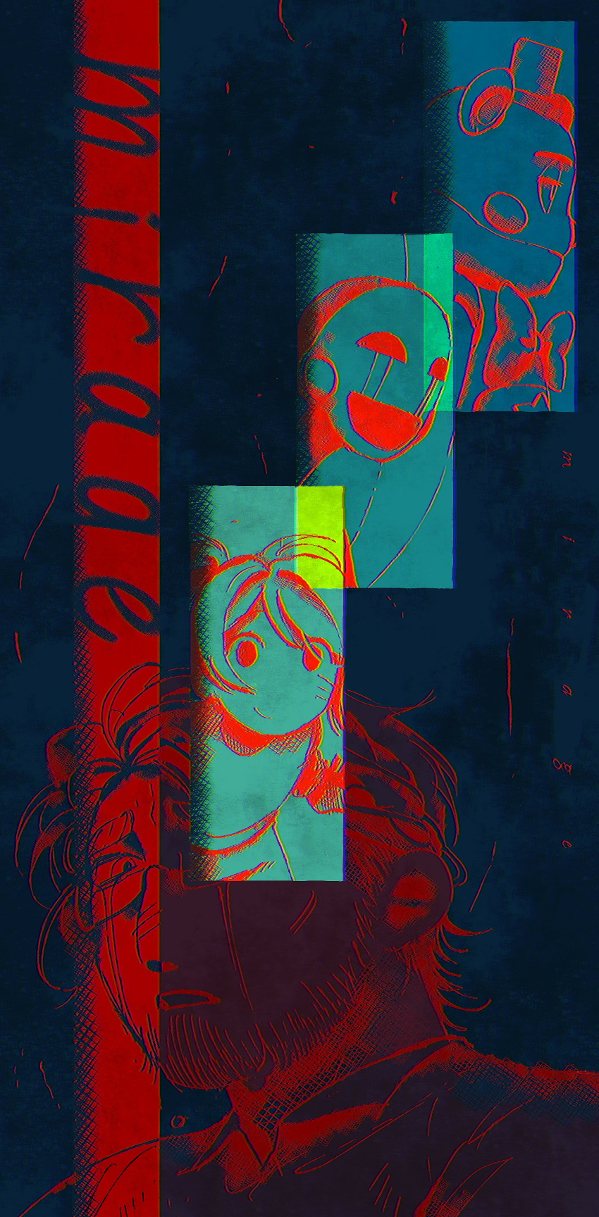 absurdres, animal_ears, bear_ears, charlotte_emily, crying, english_text, five_nights_at_freddy's, glasses, hat, henry_emily, highres, lefty_(fnaf), limited_palette, short_hair, smile, streaming_tears, tears, the_puppet_(fnaf), yu_(user_yubyul)