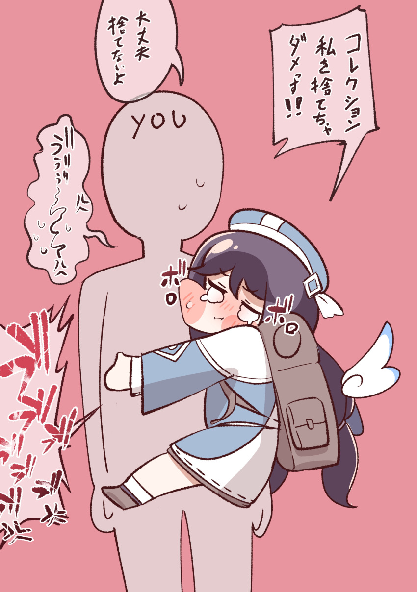 1girl, absurdres, backpack, bag, beret, blue_eyes, blue_hat, blush