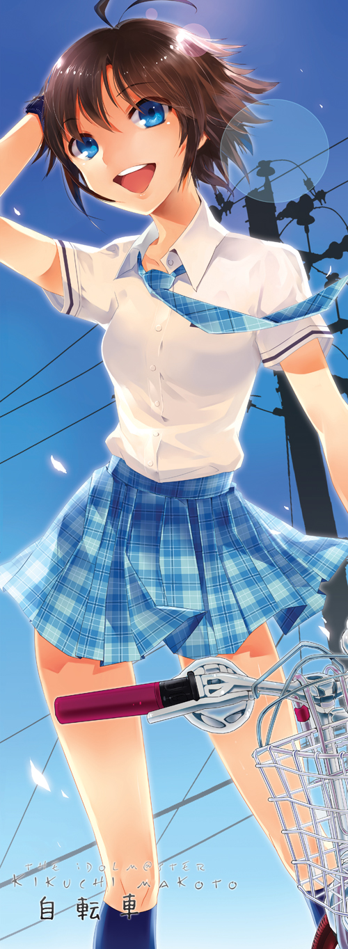 bicycle, blue_eyes, brown_hair, highres, idolmaster, joypyonn, kikuchi_makoto, necktie