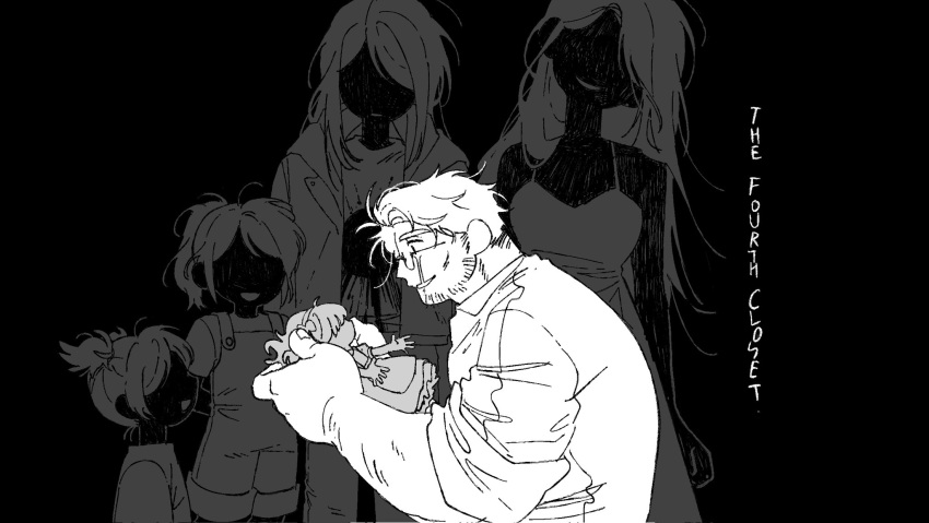 1boy, 4girls, charlotte_emily, commentary_request, copyright_name, crying, doll, dress, ella_(fnaf), father_and_child, father_and_daughter, five_nights_at_freddy's, glasses, greyscale, henry_emily, highres, holding, holding_doll, hood, jacket, korean_commentary, long_hair, monochrome, multiple_girls, overall_shorts, overalls, parent_and_child, ponytail, shirt, short_hair, sleeveless, sleeveless_dress, the_fourth_closet, yu_(user_yubyul)