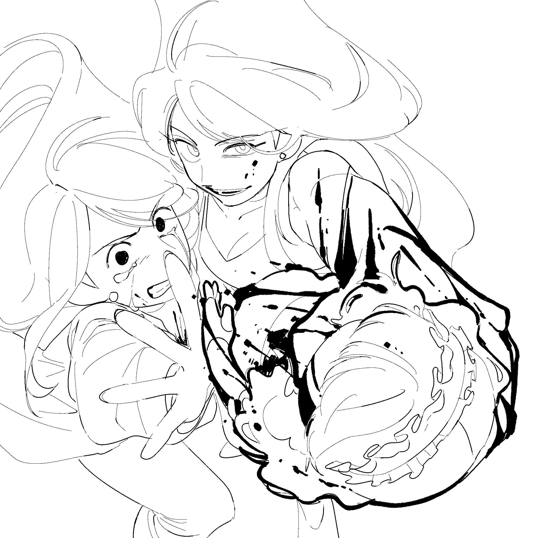 2girls, blood, charlotte_emily, commentary_request, crying, doll, earrings, ella_(fnaf), five_nights_at_freddy's, highres, jacket, jewelry, korean_commentary, lineart, long_hair, multiple_girls, smile, tears, the_fourth_closet, yu_(user_yubyul)