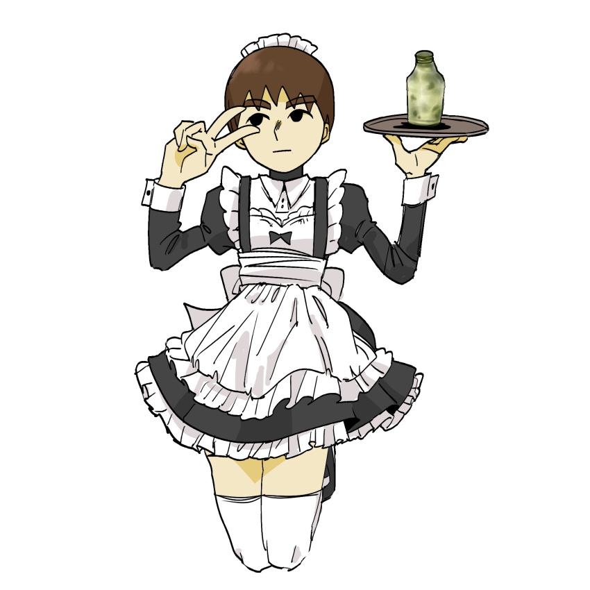 1boy, 1girl, 4bk63ppm0p54593, alcohol, alternate_costume, apron, back_bow, black_bow, black_dress, black_eyes, bottle, bow, brown_hair, closed_mouth, commentary_request, crossdressing, crossdressing_(mtf), dress, enmaided, expressionless, frilled_apron, frilled_dress, frills, full_body, guest_c_(mii), hands_up, headdress, highres, holding, holding_tray, juliet_sleeves, jumping, legs_up, long_sleeves, looking_to_the_side, maid, maid_apron, maid_headdress, male_focus, male_maid, mii_(nintendo), nintendo, puffy_sleeves, shirt, shoes, short_hair, simple_background, solo, thigh-highs, tray, v, v_over_eye, white_apron, white_background, white_bow, white_thighhighs, zettai_ryouiki
