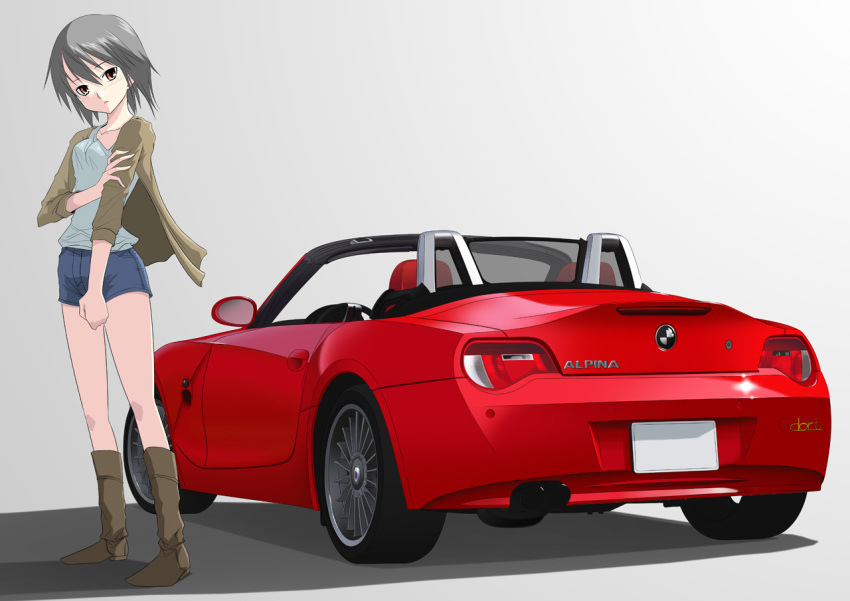 bmw_z4, boots, car, left-hand_drive, motor_vehicle, red_eyes, shorts, tomcat
