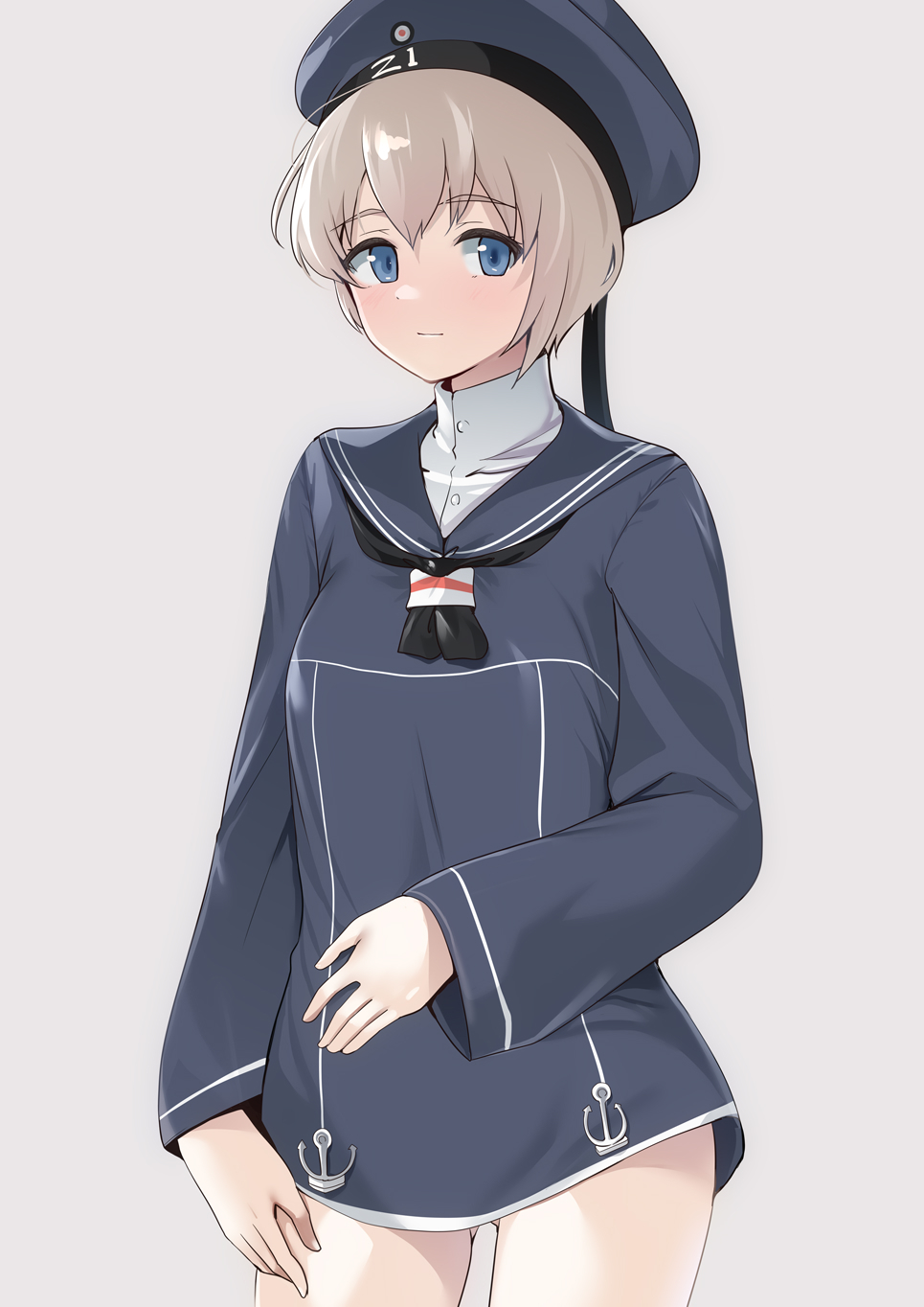 1girl, black_neckerchief, blue_dress, blue_eyes, blue_hat, blue_sailor_collar, commentary_request, cowboy_shot