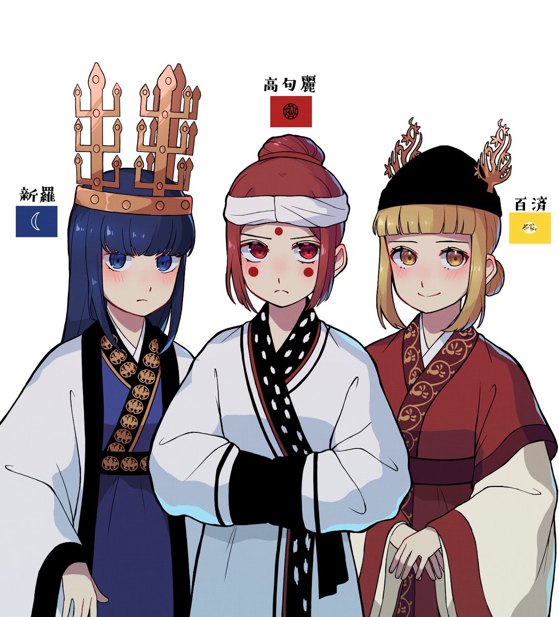 3girls, blonde_hair, blue_eyes, blue_hair, blush, chinese_text, commentary_request, dress, flag, hanbok, headband, highres, korean_clothes, korean_text, kuroussa, light_frown, light_smile, looking_at_viewer, multiple_girls, original, personification, red_dress, red_eyes, red_hair, red_hanbok, silla, silla_(kuroussa), white_dress, white_hanbok, white_headband, yellow_eyes