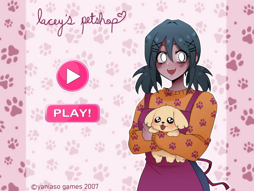 1girl, absurdres, animal, apron, bags_under_eyes, blue_hair, colored_skin, commentary