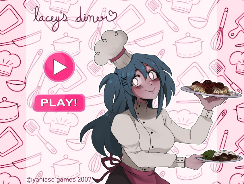 1girl, absurdres, apron, bags_under_eyes, black_pants, blue_hair, breasts, buttons