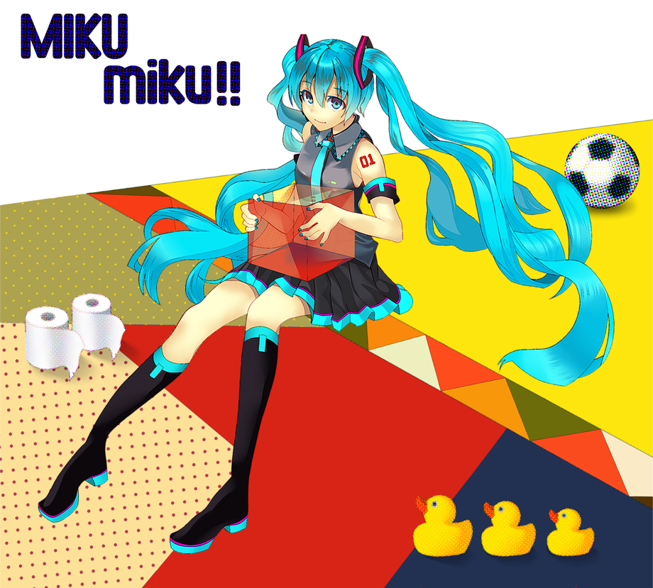 aqua_eyes, aqua_hair, boots, down_(artist), hatsune_miku, knee_boots, kneehighs, long_hair, nail_polish, necktie, rubber_duck, sitting, skirt, solo, toilet_paper, twintails, very_long_hair, vocaloid