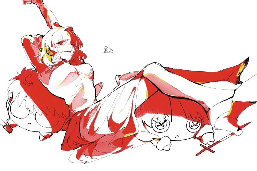 1girl, arcueid_brunestud, arm_up, black_keys_(type-moon), blonde_hair, ciel_(tsukihime), commentary_request, crossed_legs