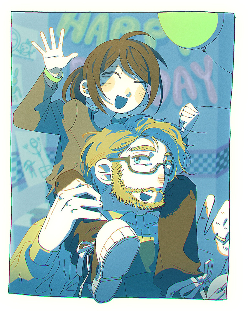 1boy, 1girl, balloon, beard, black_pants, blonde_hair, bracelet, brown_hair