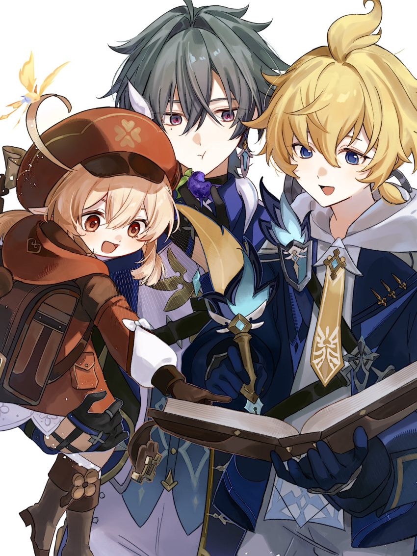 1girl, 1t0d4, 2boys, ahoge, black_choker, black_gloves, blonde_hair, blue_eyes