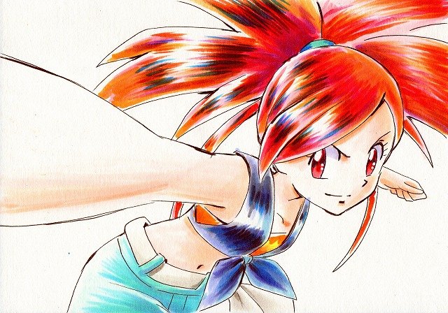 1girl, black_shirt, commentary_request, flannery_(pokemon), iwane_masaaki, looking_at_viewer, midriff, navel