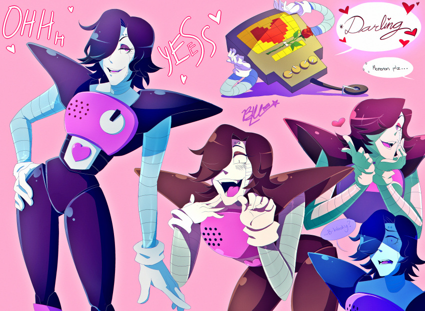1boy, 2016, 2d, absurdres, android, artist_name, bent_over, black_hair, bluyumu, boots, colored_tongue, commentary, contrapposto, digital_media, english_commentary, english_text, flower, gloves, hair_over_one_eye, hand_on_own_hip, heart, highres, humanoid, humanoid_robot, looking_at_viewer, male, male_focus, male_only, mettaton, mettaton_(box), mettaton_ex, multiple_expressions, multiple_forms, multiple_views, non-humanoid_robot, pauldrons, pink_boots, pink_eyes, pink_tongue, red_background, red_flower, robot, robot_boy, rose, short_hair, signature, simple_background, solo, speech_bubble, tape, text, tongue, undertale, utdr_(toby_fox), wheel, white_gloves