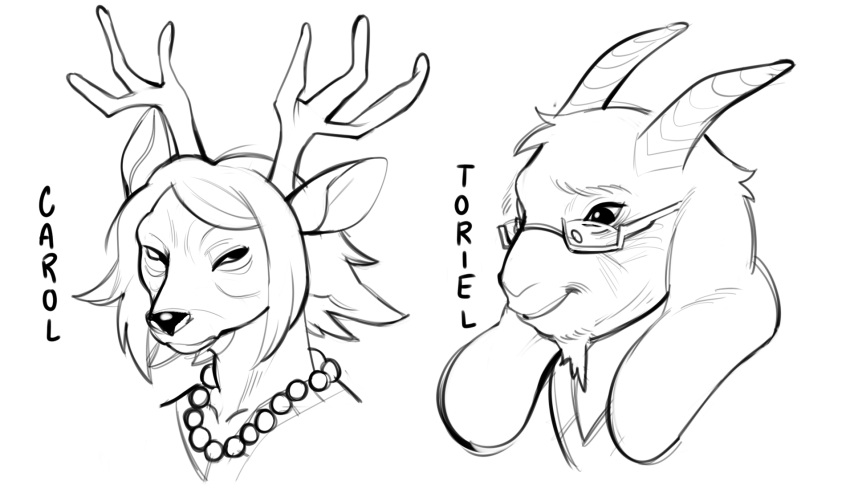 2025, 2d, 2girls, animal_ears, animal_nose, anthro, antlers, beaded_necklace, body_fur, carol_holiday, character_name, commentary, cropped_head, deer, deer_ears, deer_girl, deltarune, digital_media, droopy_ears, duo, english_commentary, english_text, female, female_only, floppy_ears, furry, furry_female, glasses, goat, goat_ears, goat_girl, goat_horns, horns, jewelry, mammal, mature, mature_female, monster, monster_girl, multiple_girls, necklace, rectangular_eyewear, reindeer, reindeer_girl, short_hair, simple_background, softmushroombaby, text, toriel, undertale, utdr_(toby_fox), white_background