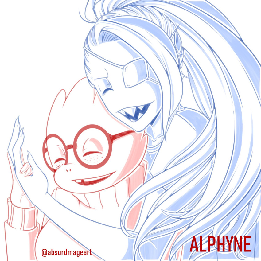 1:1, 2020, 2d, 2girls, absurdmage, alphys, alternate_costume, animal_nose, anthro, artist_name, buck_teeth, closed_eyes, commentary, digital_media, dinosaur, dinosaur_girl, duo, ear_fins, english_commentary, eyepatch, female, female_only, fish, fish_girl, freckles, glasses, head_fins, height_difference, high_ponytail, holding_hands, ins, lizard, lizard_girl, lizard_tail, long_hair, long_sleeves, monochrome, monster, monster_girl, multiple_girls, ponytail, reptile, reptile_girl, scalie, sharp_teeth, shirt, short_sleeves, simple_background, smile, sweater, t-shirt, teeth, turtleneck, turtleneck_sweater, twitter_username, undertale, undyne, upper_body, utdr_(toby_fox), white_background, yuri