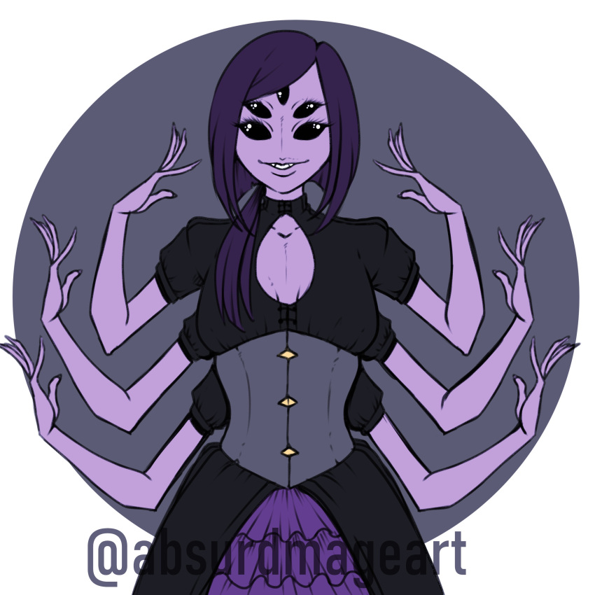 1:1, 1girl, 2021, 2d, absurdmage, aged_up, arachnid, arthropod, arthropod_girl, artist_name, black_dress, black_sclera, border, bow, breasts, breasts_apart, cleavage_cutout, colored_sclera, colored_skin, commentary, corset, digital_media, dress, english_commentary, extra_arms, extra_eyes, fangs, female, female_only, grey_background, grey_corset, hair_bow, hands_up, highres, muffet, outside_border, outstretched_arms, ponytail, puffy_short_sleeves, puffy_sleeves, purple_hair, purple_skin, red_bow, round_border, simple_background, small_breasts, solo, spider, spider_girl, straight-on, twitter_username, undertale, upper_body, utdr_(toby_fox), variant_set, white_border