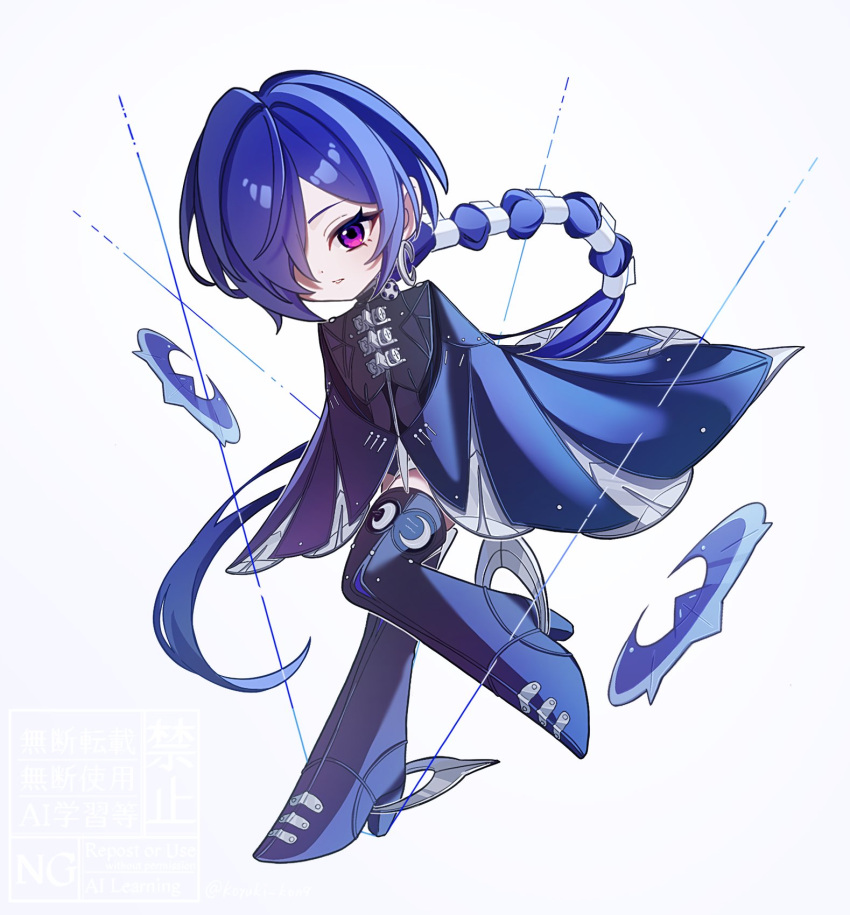 1girl, blue_boots, blue_cloak, blue_hair, boots, cloak, commentary_request, crescent, crescent_earrings, deformed, earrings, grey_background, hair_over_one_eye, highres, jewelry, koyuki_kon9, leg_up, long_hair, looking_at_viewer, parted_lips, promeia_(zenless_zone_zero), solo, thigh_boots, very_long_hair, violet_eyes, weapon, zenless_zone_zero