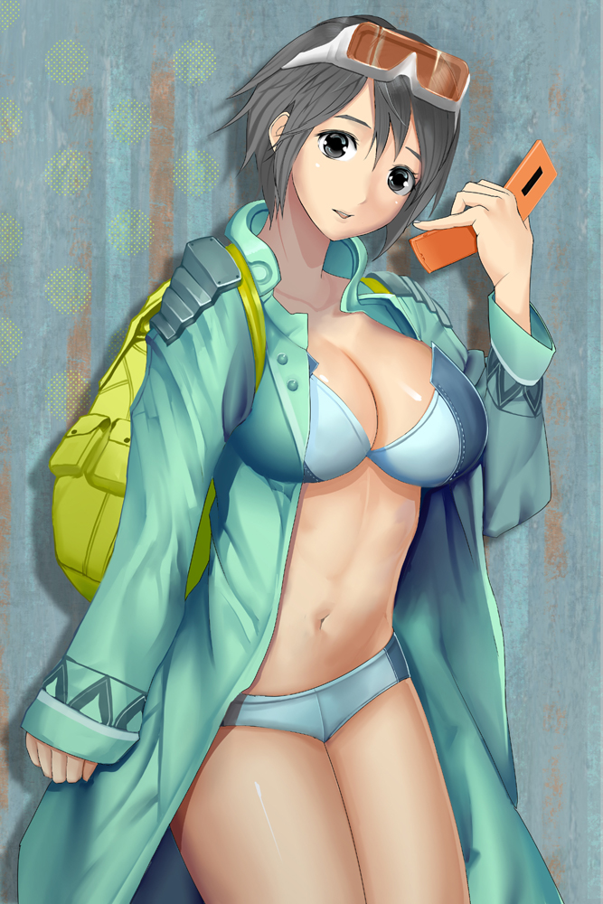 bag, bikini, black_eyes, black_hair, breasts, cellphone, cleavage, large_breasts