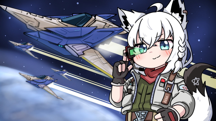 1girl, ahoge, animal_ear_fluff, animal_ear_piercing, animal_ears, aqua_eyes, arwing, bandana