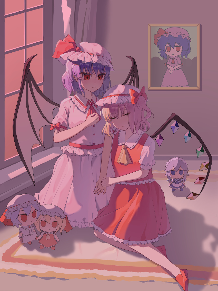 2girls, absurdres, ascot, bat_wings, blonde_hair, bow, character_doll, chinese_commentary