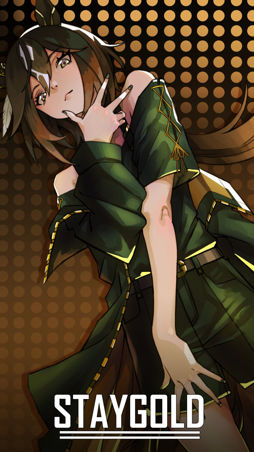 1girl, absurdres, animal_ears, bare_shoulders, black_hair, black_jacket, black_nails, black_shirt