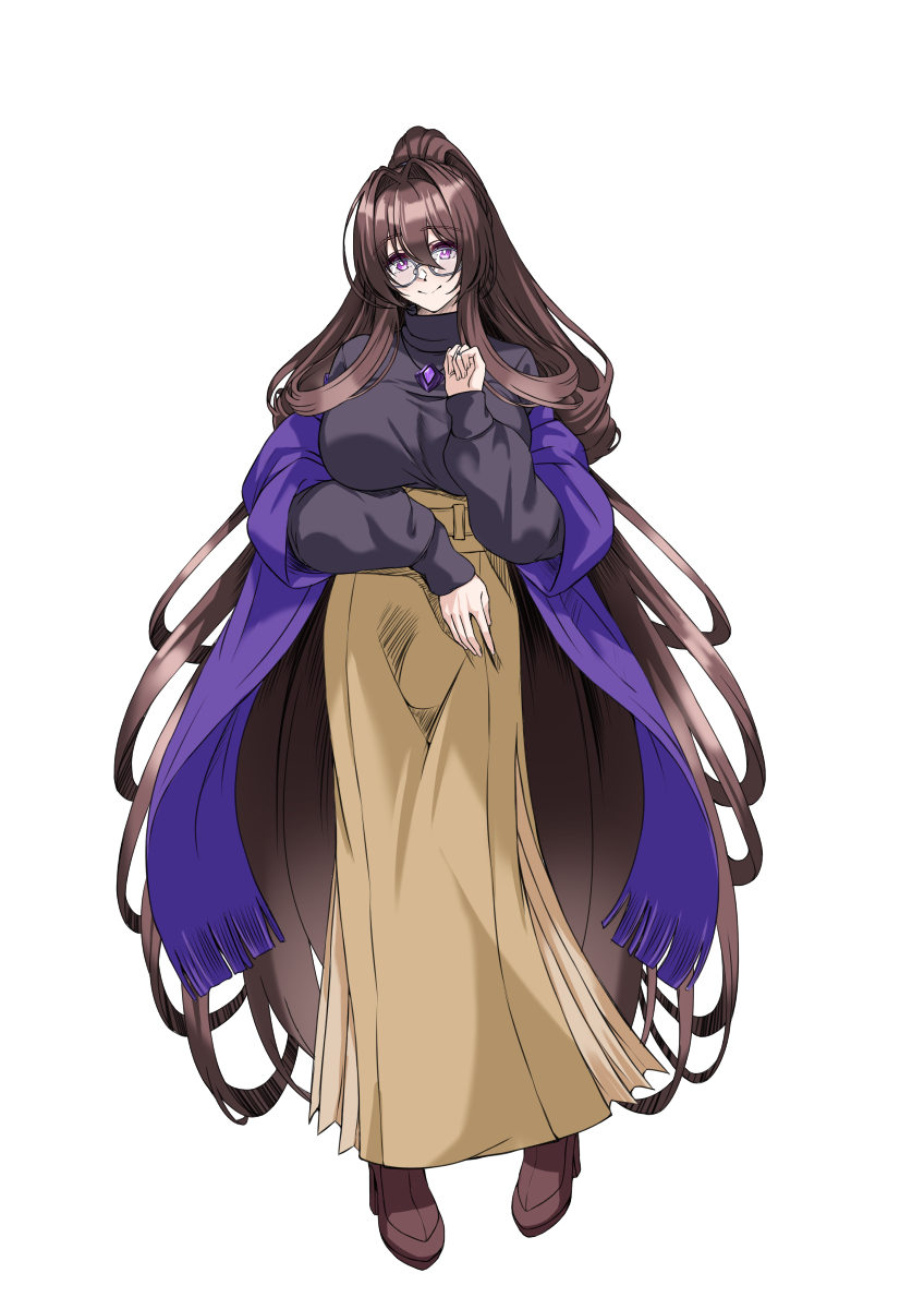 1girl, absurdly_long_hair, aged_up, black-framed_eyewear, black_shirt, black_sweater, blue_scarf, blush