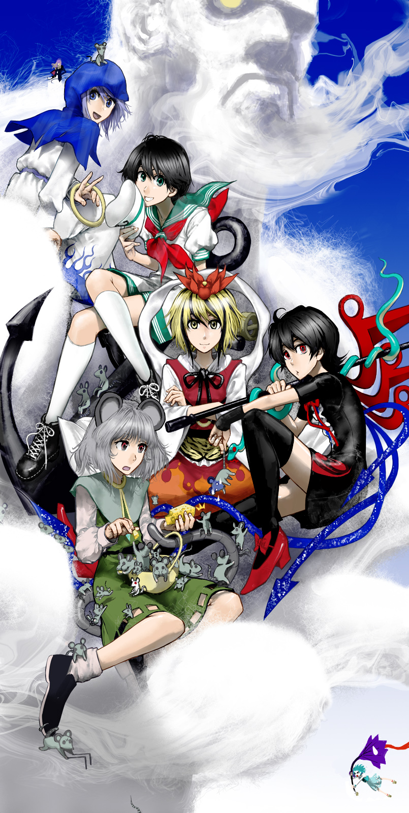 ahoge, anchor, animal_ears, cheese, cloud, crossed_arms, everyone, hat