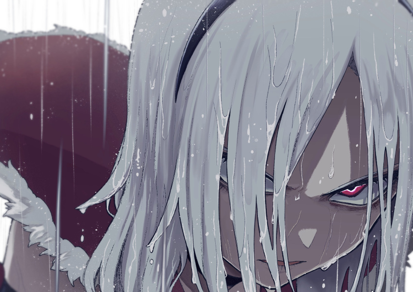 1girl, absurdres, black_choker, black_hairband, choker, commentary, eas_(precure), fresh_precure!, grey_hair, hairband, highres, itou_shin'ichi, kubrick_stare, long_hair, precure, rain, red_eyes, untranslatable_commentary, wet, white_background