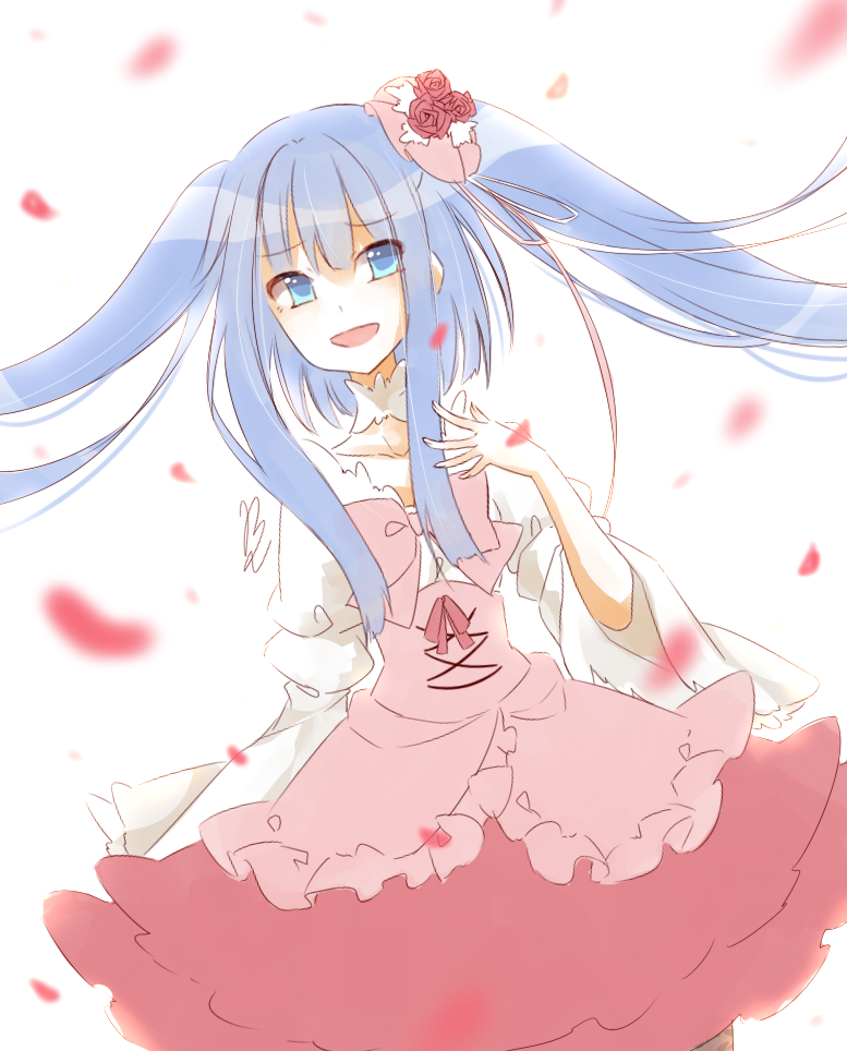 1girl, :d, blue_eyes, blue_hair, blunt_sidelocks, blurry, blurry_foreground, bow