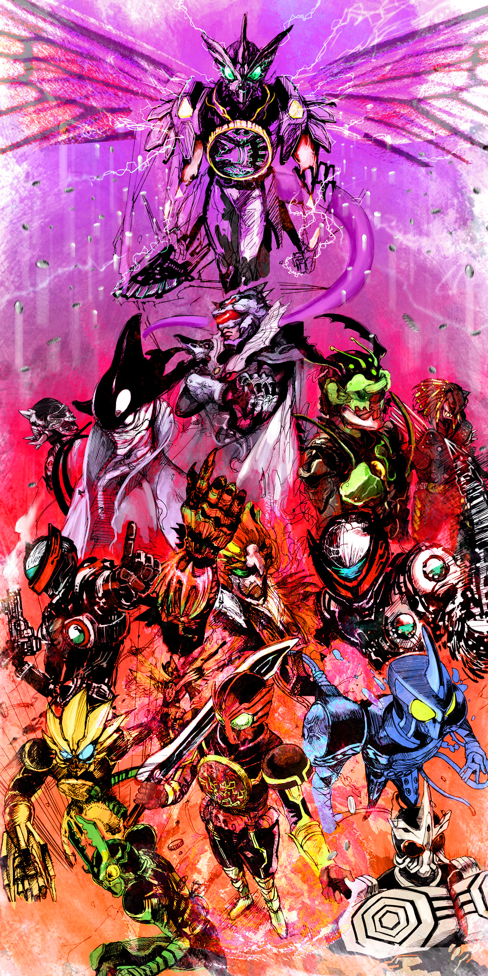 6+boys, axe, claws, gamel, gatakiriba_(ooo_combo), gun, highres, illustica_phantom