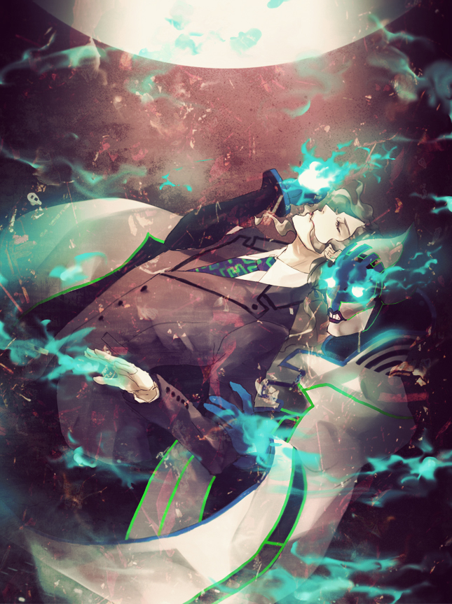 blue_eyes, blue_fire, blue_flame, bow, cape, dual_persona, fire, formal