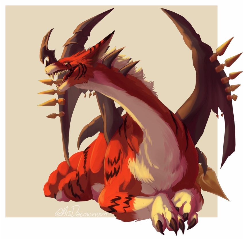 arsdaemonum, claws, commentary, digimon, digimon_(creature), doruguremon, dragon, english_commentary, highres, looking_to_the_side, no_humans, open_mouth, red_eyes, red_fur, sharp_teeth, solo, tail, teeth, two-tone_fur, white_fur