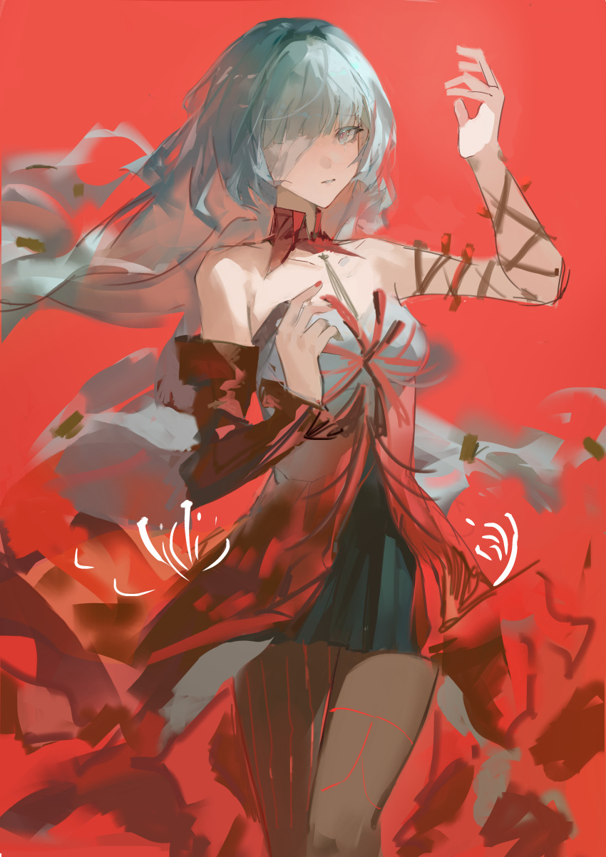 1girl, absurdres, bandage_over_one_eye, bare_shoulders, brown_pantyhose, commentary, cowboy_shot, detached_sleeves