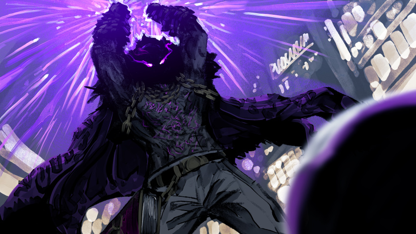 1boy, 1other, chain, chest_tattoo, city, cityscape, cloak, glowing