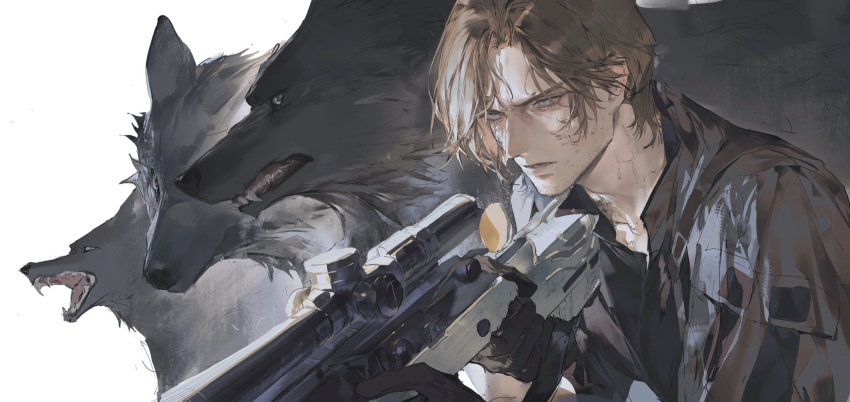 1boy, black_gloves, brown_hair, commentary_request, gloves, gun, highres, holding