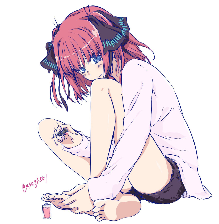 1girl, applying_pedicure, artist_name, asagi501, barefoot, black_ribbon, black_shorts, blue_eyes