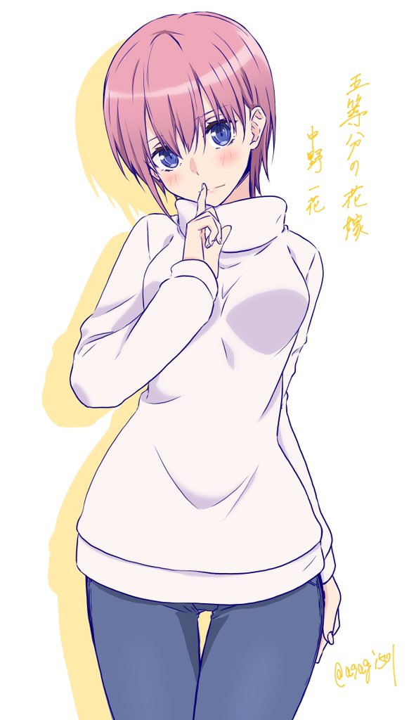 1girl, artist_name, asagi501, blue_eyes, blue_pants, blush, breasts, closed_mouth