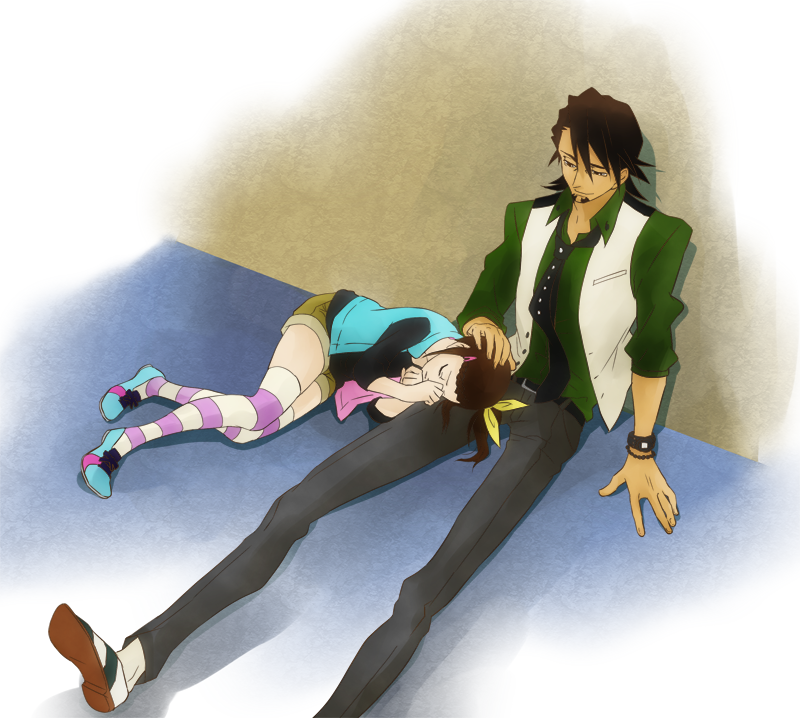 age_difference, bracelet, braid, brown_eyes, brown_hair, closed_eyes, dante0909, eyes_closed, facial_hair, father_and_daughter, hair_bow, hair_ornament, hairclip, jewelry, kaburagi_kaede, kaburagi_t_kotetsu, lap_pillow, male, necktie, petting, short_hair, shorts, side_ponytail, sitting, sleeping, striped, striped_legwear, stubble, thigh-highs, thighhighs, tiger_&amp;_bunny, vest, waistcoat, watch, wristwatch