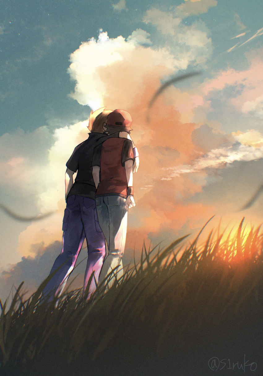 2boys, absurdres, black_shirt, blue_oak, brown_hair, clouds, commentary_request, falling_leaves