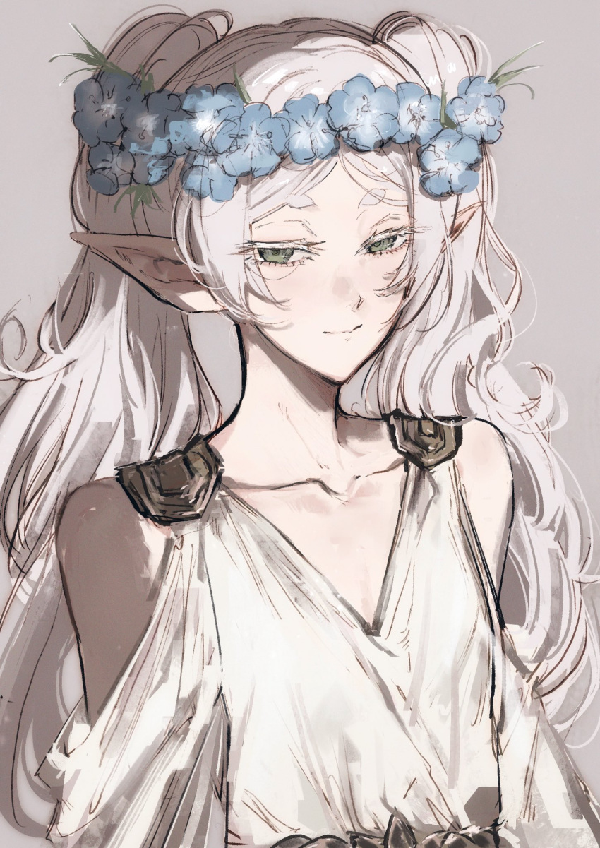 1girl, bare_shoulders, blue_flower, breasts, commentary, dodo_(dodobo), dress, elf, flower, flower_wreath, frieren, green_eyes, grey_background, highres, long_hair, looking_at_viewer, parted_bangs, pointy_ears, simple_background, small_breasts, smile, solo, sousou_no_frieren, twintails, untranslatable_commentary, upper_body, white_dress, white_hair
