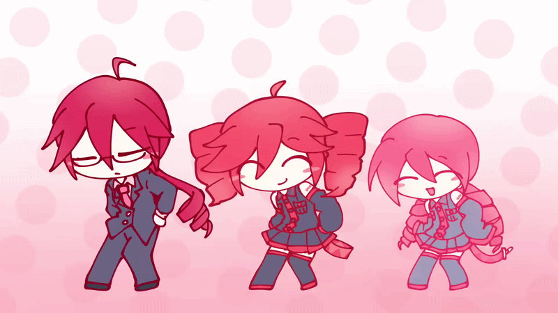 1boy, 2girls, :d, ahoge, animated, animated_gif, belt, blue_skirt, blush_stickers, brother_and_sister, closed_eyes, commentary, dancing, detached_sleeves, drill_hair, english_commentary, glasses, harunakamura, kasane_ted, kasane_teto, kasane_teto_(utau), kasane_toriko, multiple_girls, necktie, pink_belt, pink_hair, pink_necktie, pink_theme, pink_trim, polka_dot, polka_dot_background, red_hair, red_trim, siblings, sisters, skirt, smile, suit, twin_drills, utau