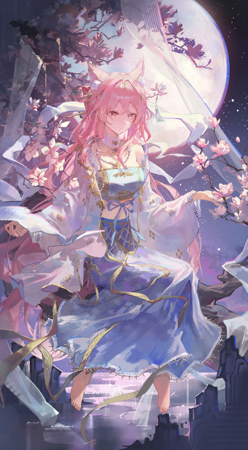 1girl, absurdres, animal_ears, arknights, barefoot, blue_skirt, chinese_clothes, chinese_commentary